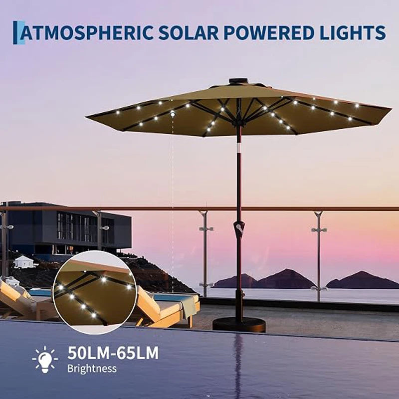9FT Solar Patio Umbrella with 32 LED Lights – Outdoor Waterproof Market Umbrella, Crank Lift & Push Button Tilt, UV Protection Sun Shade for Patio, Garden, Deck, Pool