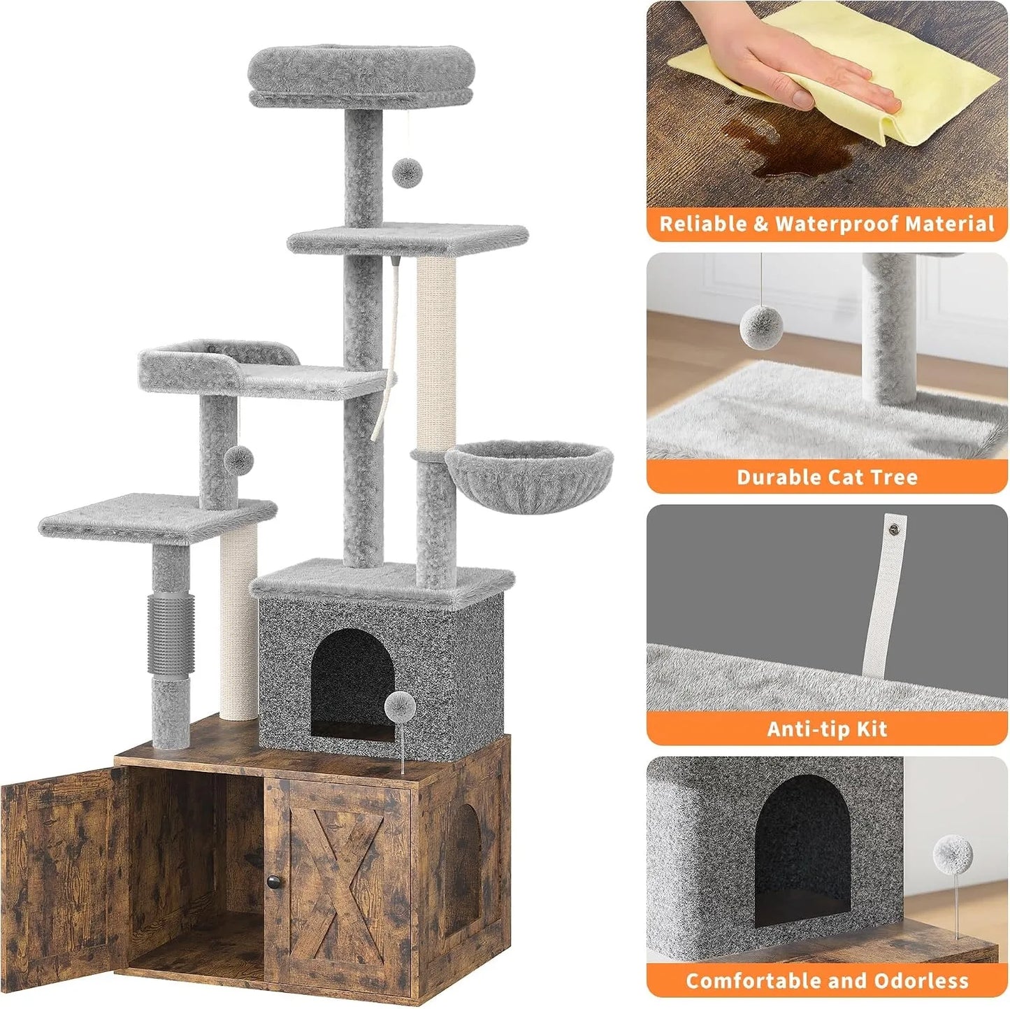 3-in-1 Modern Cat Tree with Hidden Litter Box Enclosure, Cat Condo Furniture with Scratching Post, Hammock & Platforms, Odor Control Tower for Small Spaces, Rustic Brown