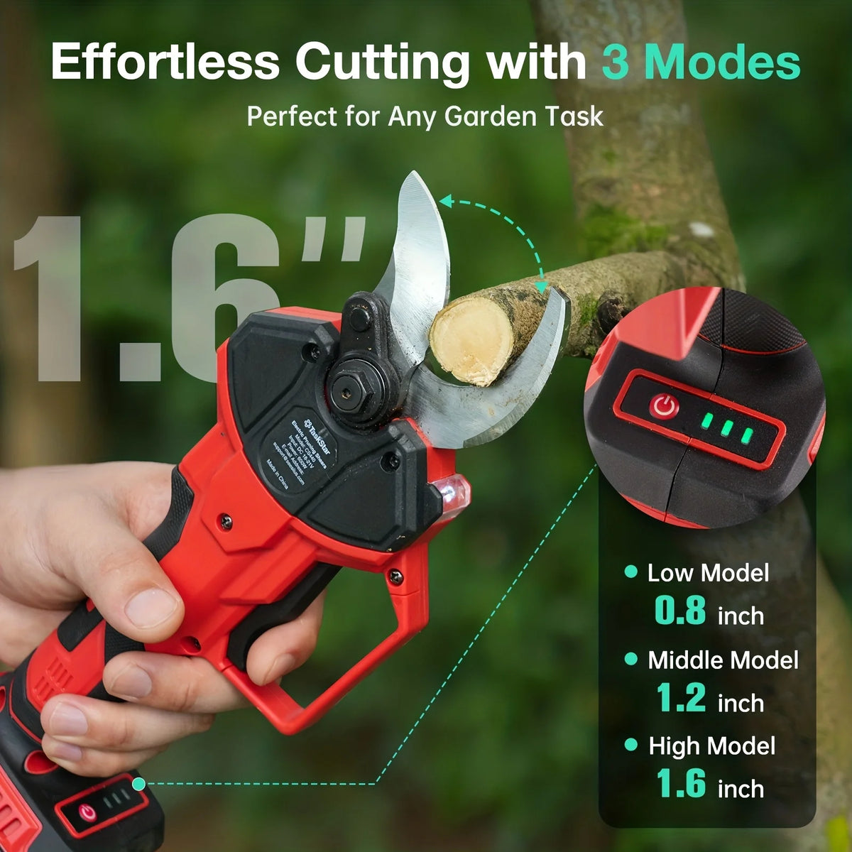 Taskstar Electric Scissors 600W Brushless Motor Cordless Pruning Shears with SK5 Blade&2 4.0Ah Battery, Max. 40mm, 0.8/1.2/1.6 Inch 3-gear Adjustable, For Pruning Tree Branches