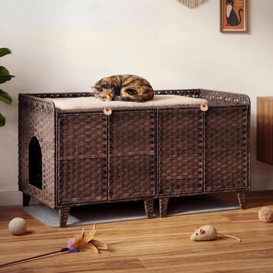 DishyKooker Rattan Double Door Cat Litter Box Enclosure