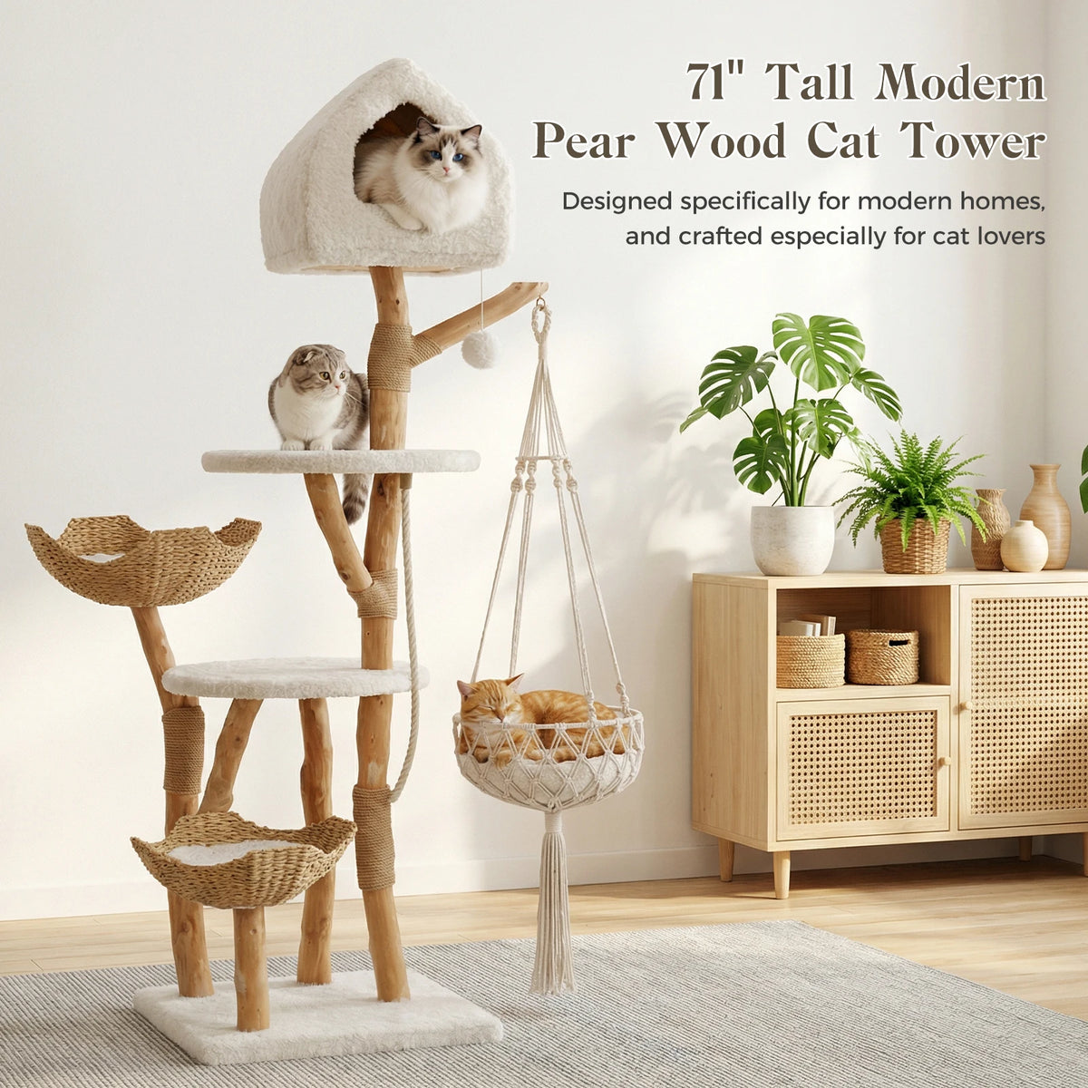 Modern Cat Tree with Solid Wood Scratching Posts Swing Hammock Large Cat Condo Wood Tall Cat Tower for Indoor with 2 Woven Basket Boho Luxury Pet Furniture Cat Toys