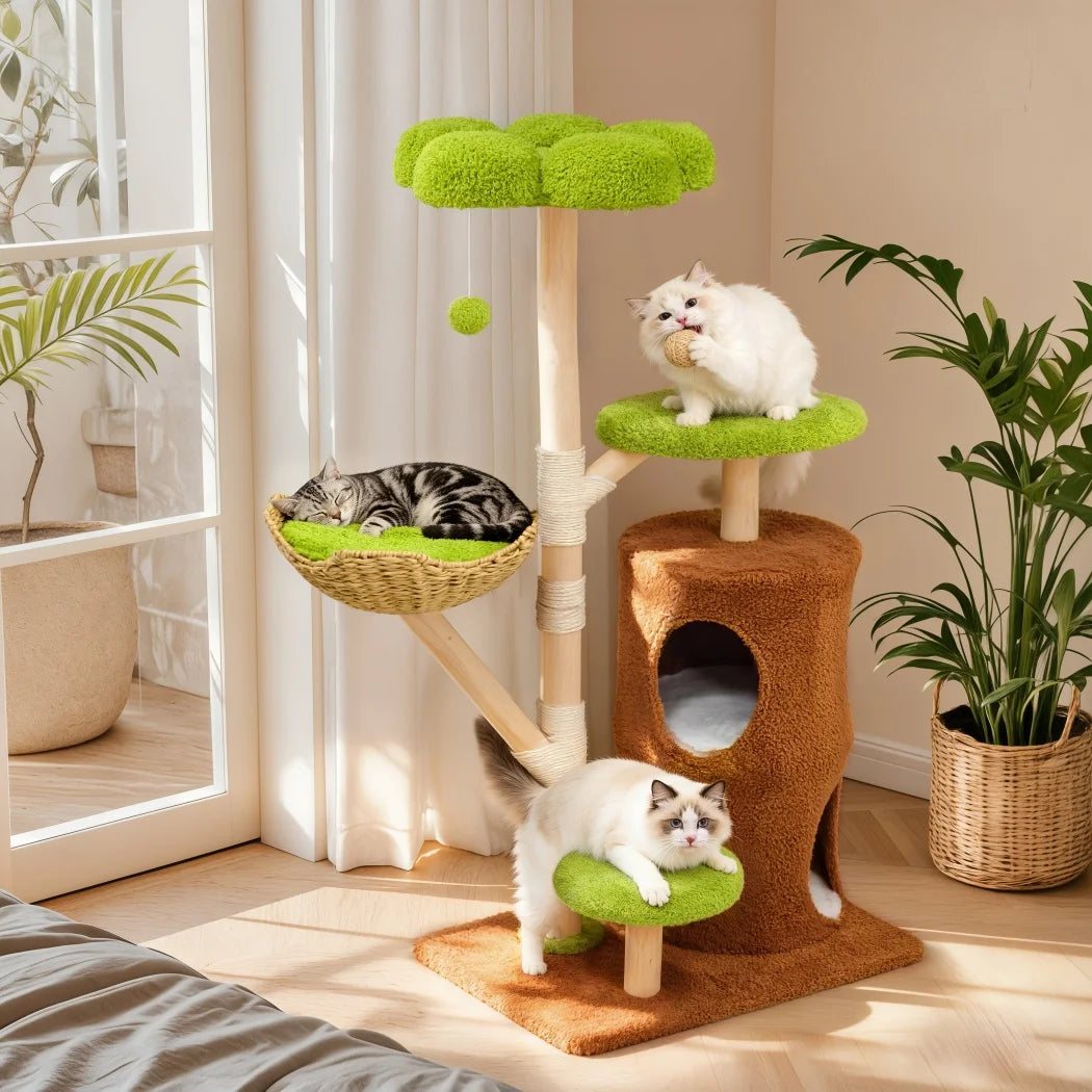 Large Cat Tree Tower Pet Cat Activity Center Scratching Post Cat Condo House Solid Wooden Cat Furniture