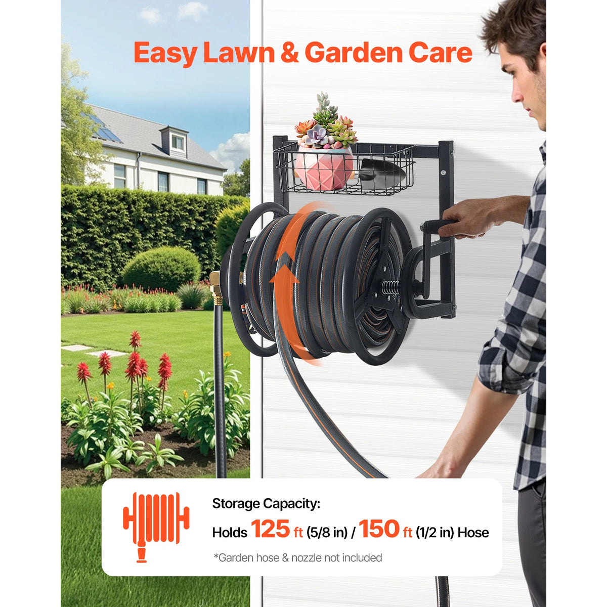 SucceBuy Wall Mounted Garden Hose Reel Holds 125ft 5/8-in Heavy-Duty Water Winder Outdoor Manual Reel w/Brass Fitting and Basket