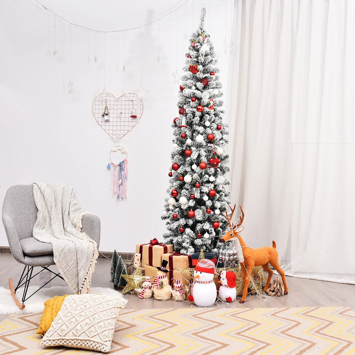 4. 5/ 6/ 7. 5 FT Snow Flocked Christmas Tree, Slim Hinged Pine Tree for Holiday Decoration, Home, Office, Party, Easy Assembly
