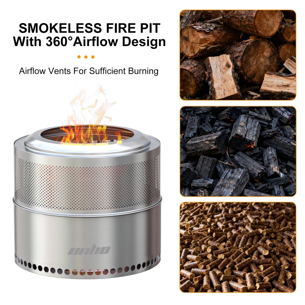 UNHO 19-inch Smokeless Fire Pit, Used for Outdoor Wood Burning, Portable 304 Stainless Steel Camping Stove, Perforated Fireplace, Suitable for Outdoor Heating, Hunting, Barbecue and Ice Fishing.