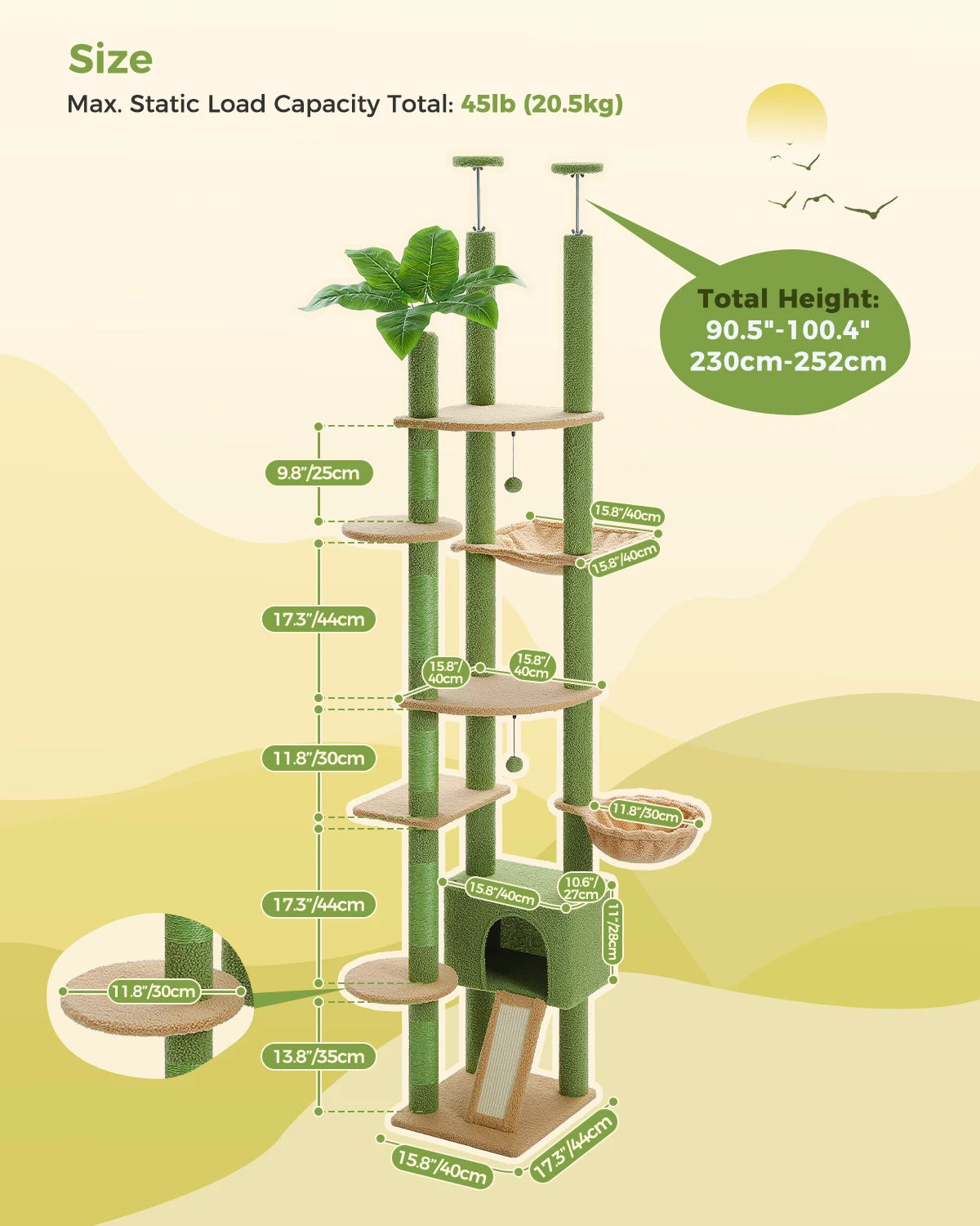 Cactus Cat Tree Floor to Ceiling Cat Tower with Sisal Scratching Post,Comfortable Hammock for Multi-Cat Homes,Cat Accessories