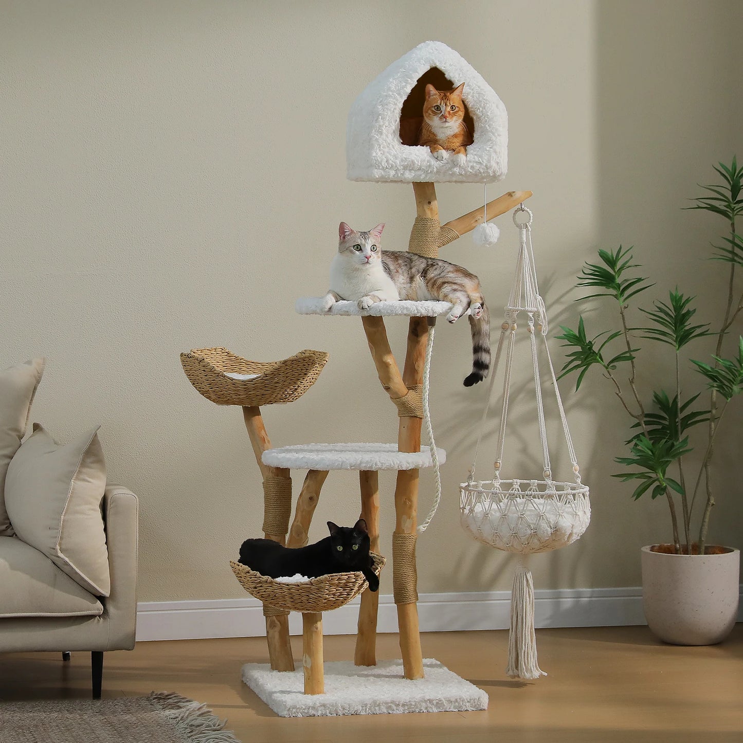 Modern Cat Tree with Solid Wood Scratching Posts Swing Hammock Large Cat Condo Wood Tall Cat Tower for Indoor with 2 Woven Basket Boho Luxury Pet Furniture Cat Toys