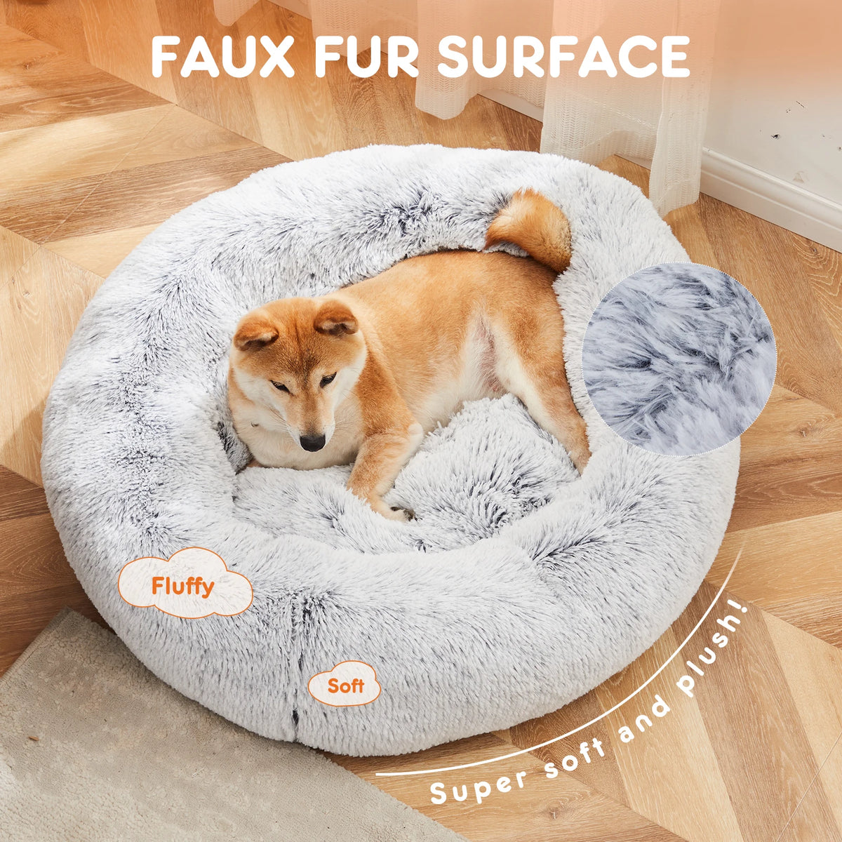 JHK Plush Faux Fur Calming Dog Bed With Washable Cover