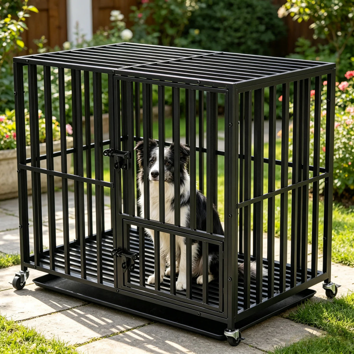 BINGOPAW Heavy Duty Dog Crate With Tray And Lockable Wheels