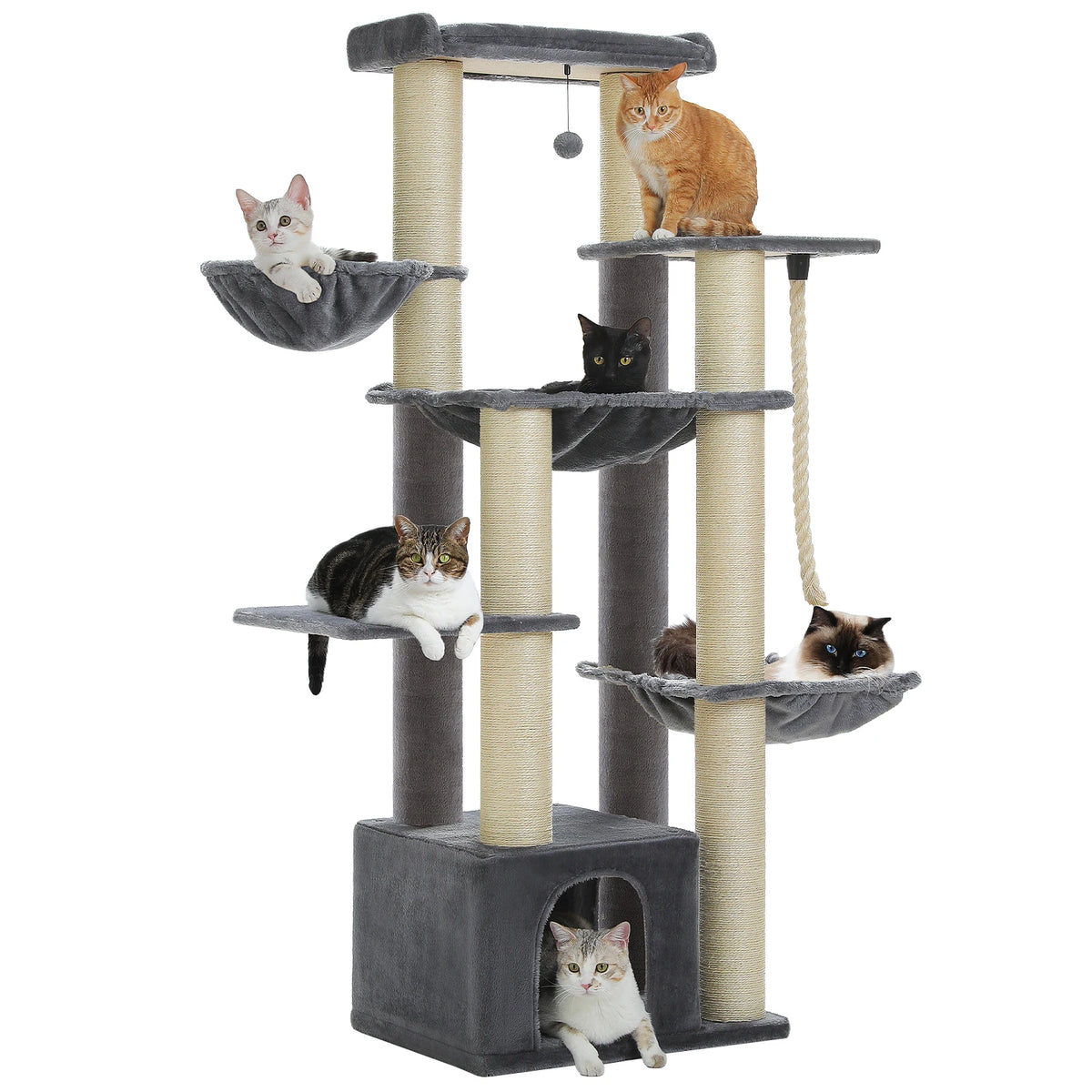 Large Cat Tree with 7 Thick Sisal Scratching Posts Big Hammocks Tall Cat Tower for Indoor Cats Large Adult with Spacious Condo