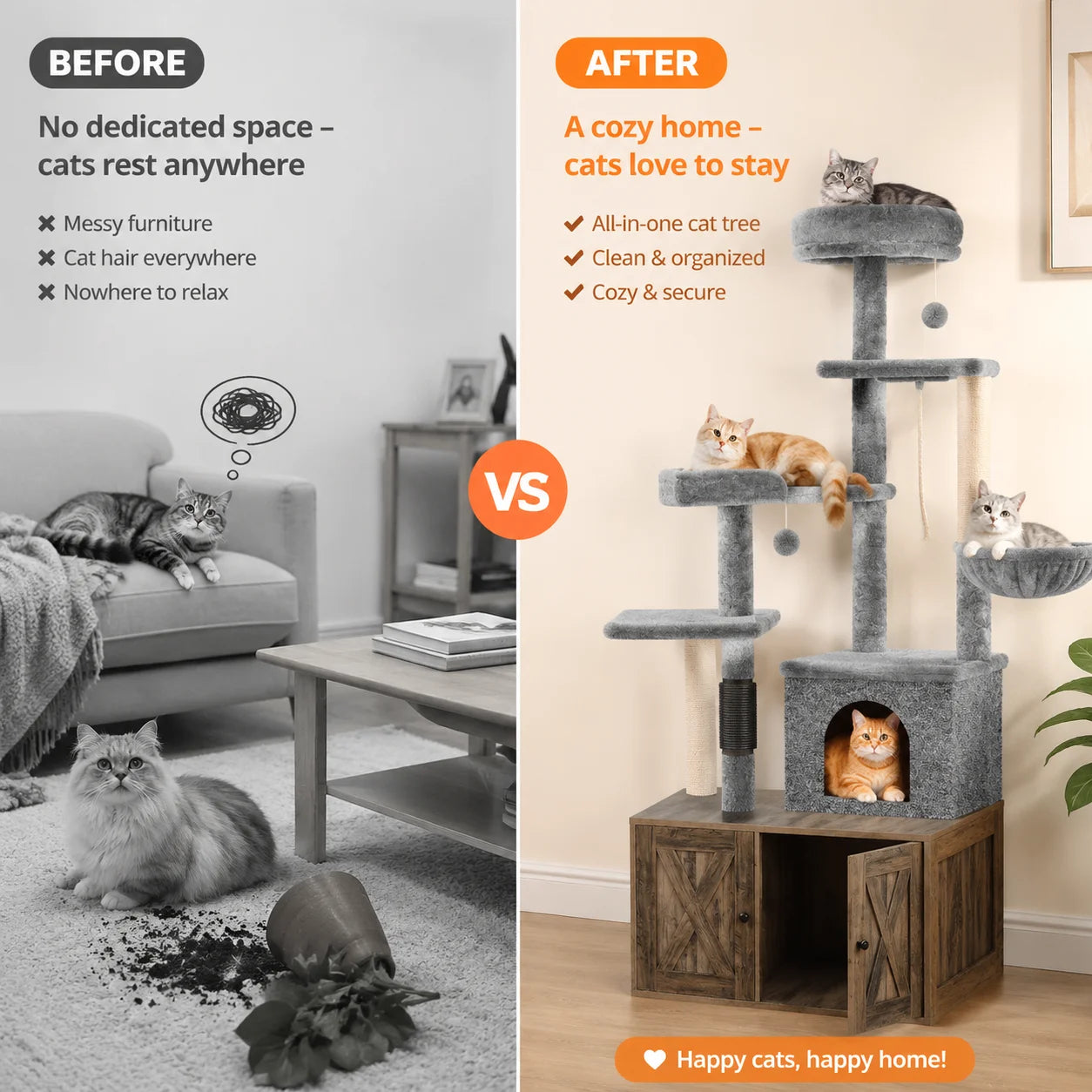 3-in-1 Modern Cat Tree with Hidden Litter Box Enclosure, Cat Condo Furniture with Scratching Post, Hammock & Platforms, Odor Control Tower for Small Spaces, Rustic Brown