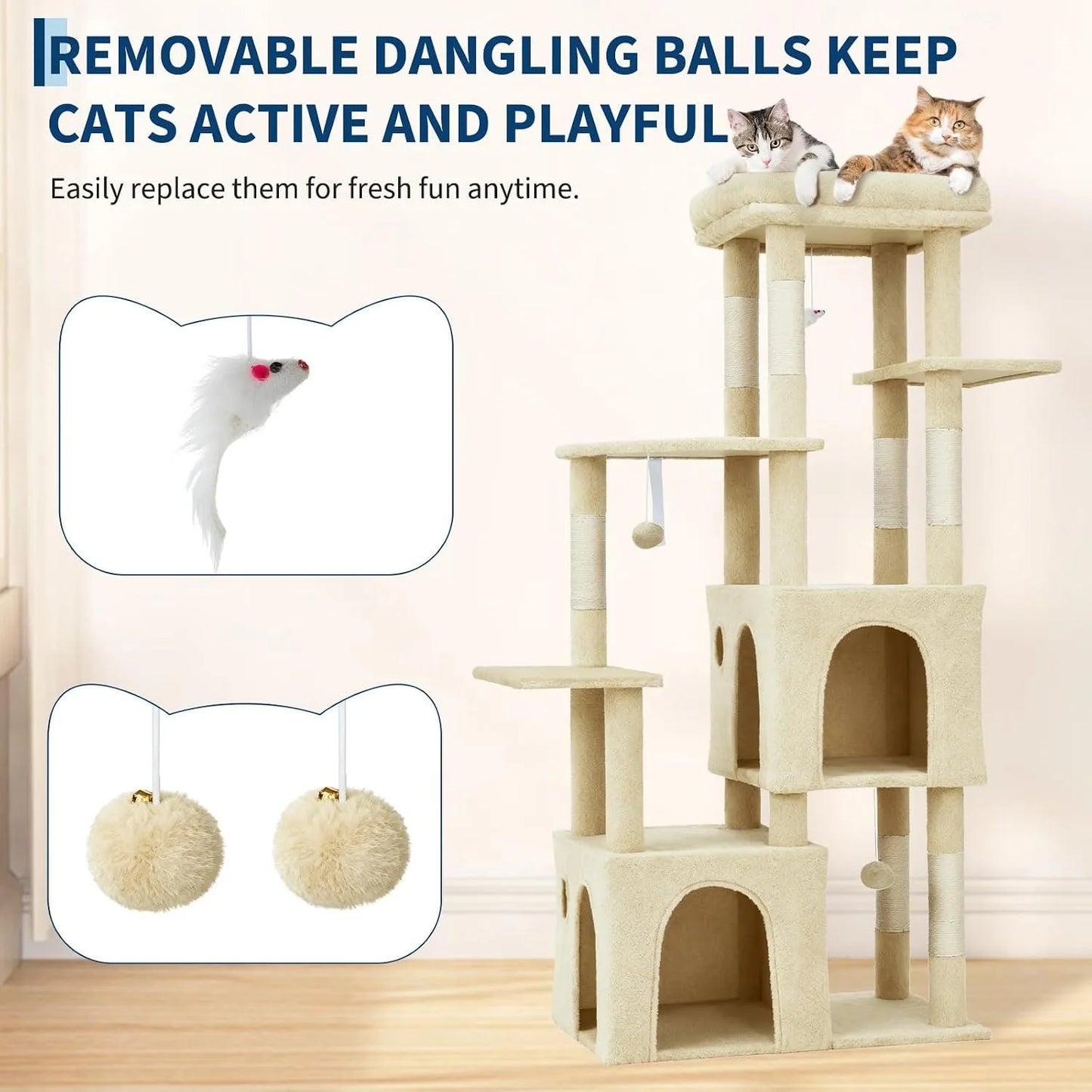 61 Inch Large Cat Tree Tower with 7 Scratching Posts 2 Cat Condos Top Perch Multi Level Cat Climbing Tree Furniture with Hanging Toys Anti Toppling Design for Indoor Cats Multi Cat Homes