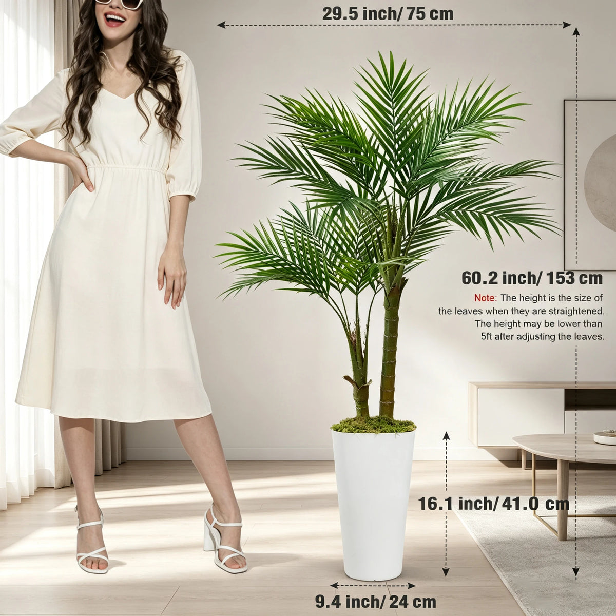 60inch Artificial Areca Palm Tree Fake Palm Tropical Plants with White Tall Planter, Faux Floor Silk Plant in Pot, Large Trees for Home Office Living Room Decor House Warming, Indoor Outdoor