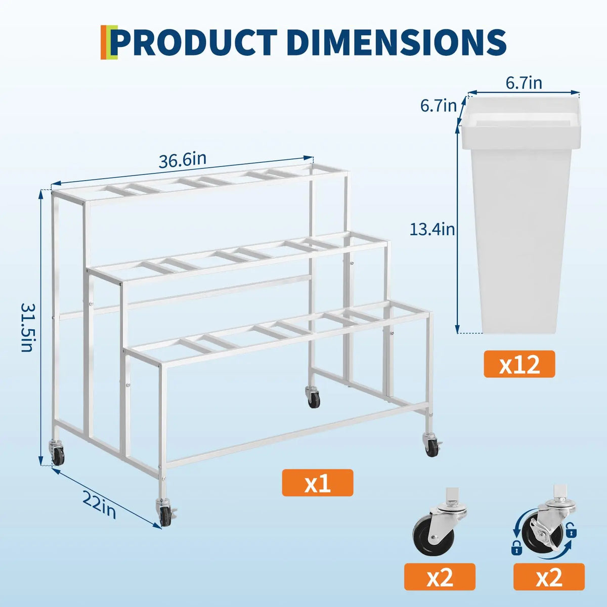 3 Tier Rolling Flower Display Stand With 12 Removable Buckets, Metal Plant Cart With Locking Wheels For Garden Wedding Flower Shop
