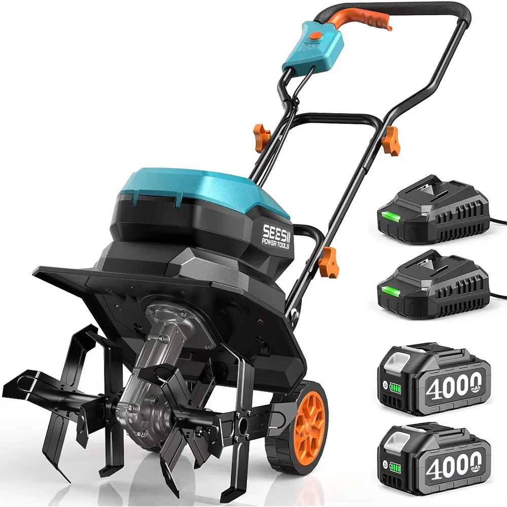Seesii 40V 12"Electric Tiller Cultivator Lawn Weeding Soil Cultivation Cordless Rototiller for Garden for Makita 18V battery pin