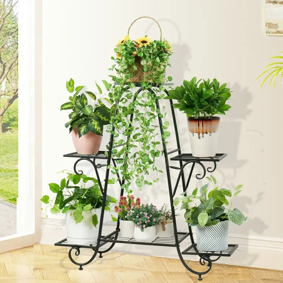 6 Tiers Metal Plant Stand Indoor Outdoor Flower Anti-rust Flower Pot Display Shelf Black
