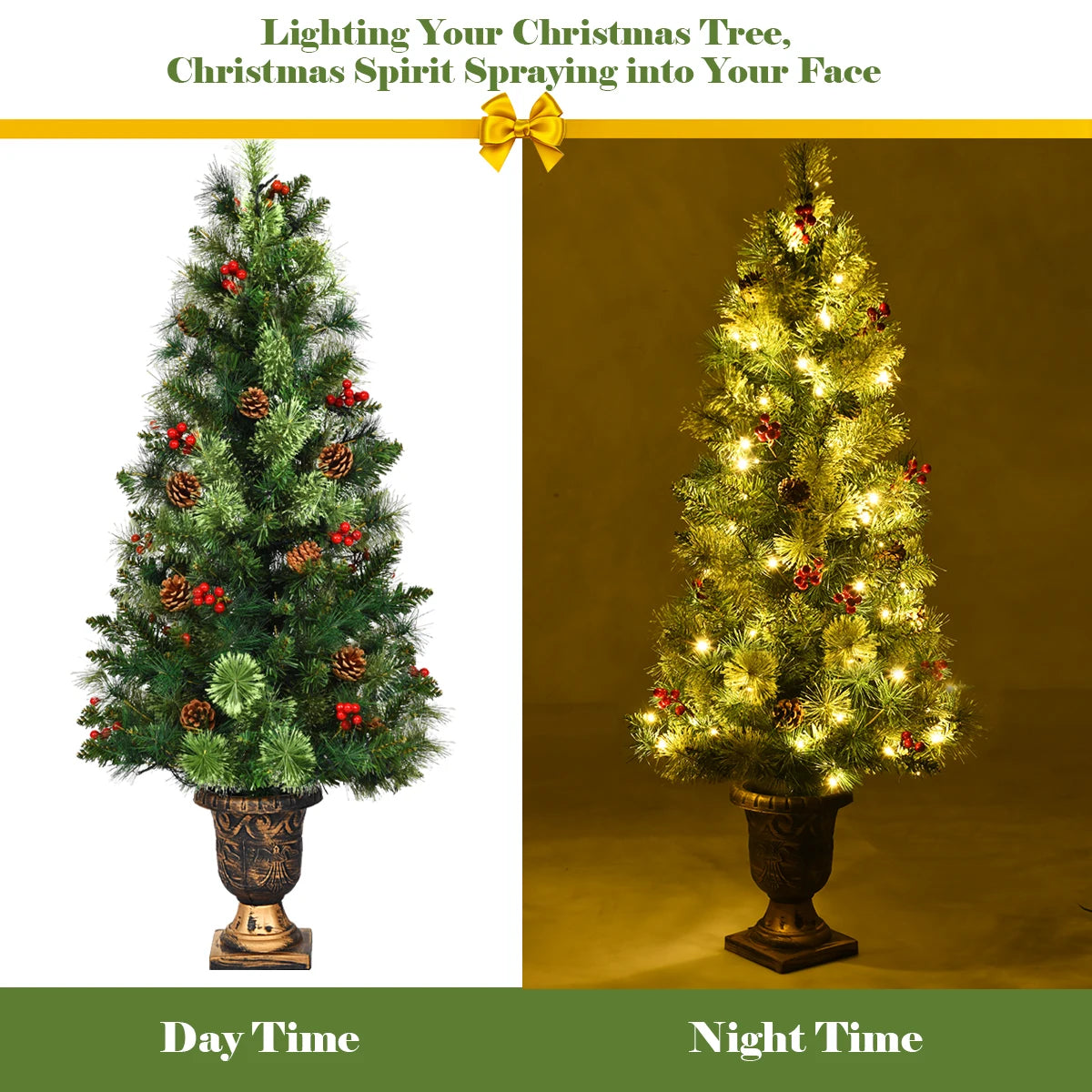 3/ 4/ 5Ft Pre-Lit PVC Artificial Christmas Entrance Tree w/ Clear Light &Gold Urn Base
