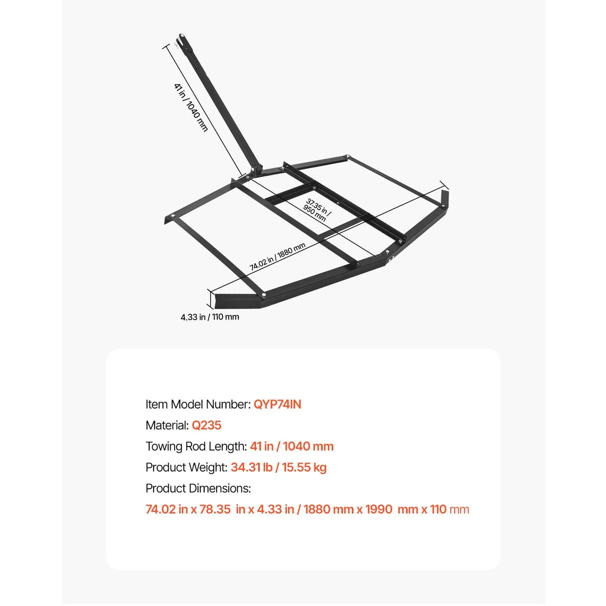 SucceBuy Drag Harrow Tow Behind Drag Harrow Q235 Steel Driveway Grader with Pin-Style Hitch for ATVs UTV Garden Lawn Tractor