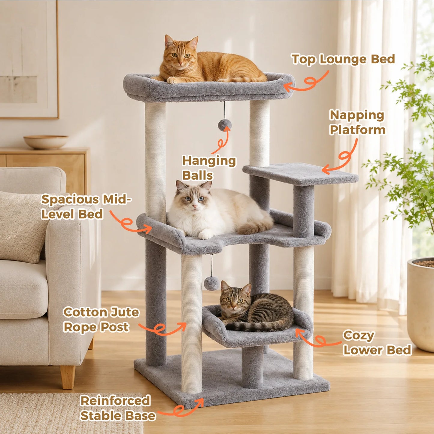 Multi-Level Cat Tree with Sisal Scratching Posts Spacious Top Perch Large Cat Bed Modern Cat Tower for Indoor Cats Large Adult Pet Furniture Cat Toys