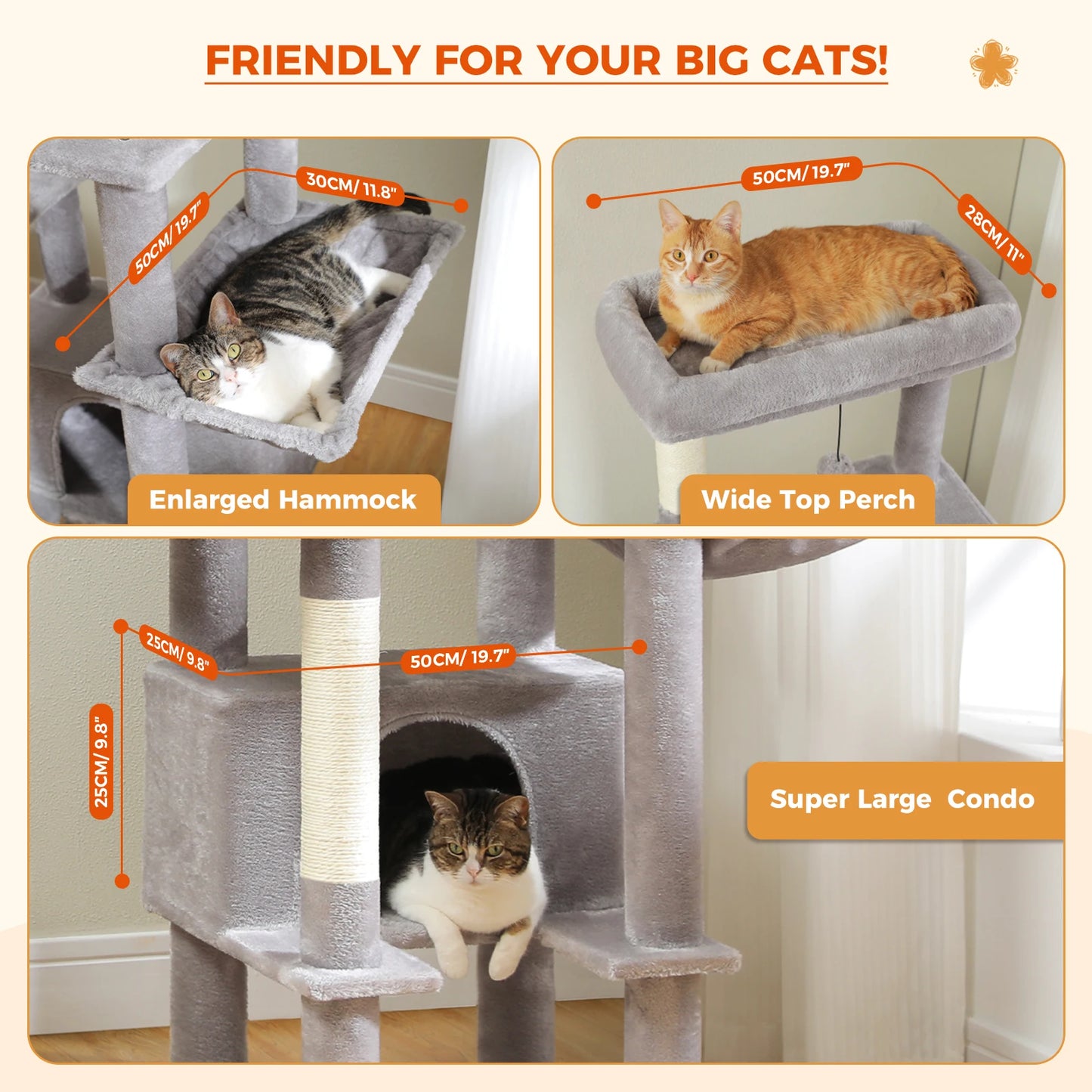 Cat Tree for Indoor Cats Large Adult, Cat Tower with Sisal-Covered Scratching Post, Super Large Metal Hammock and 2 Big Condos