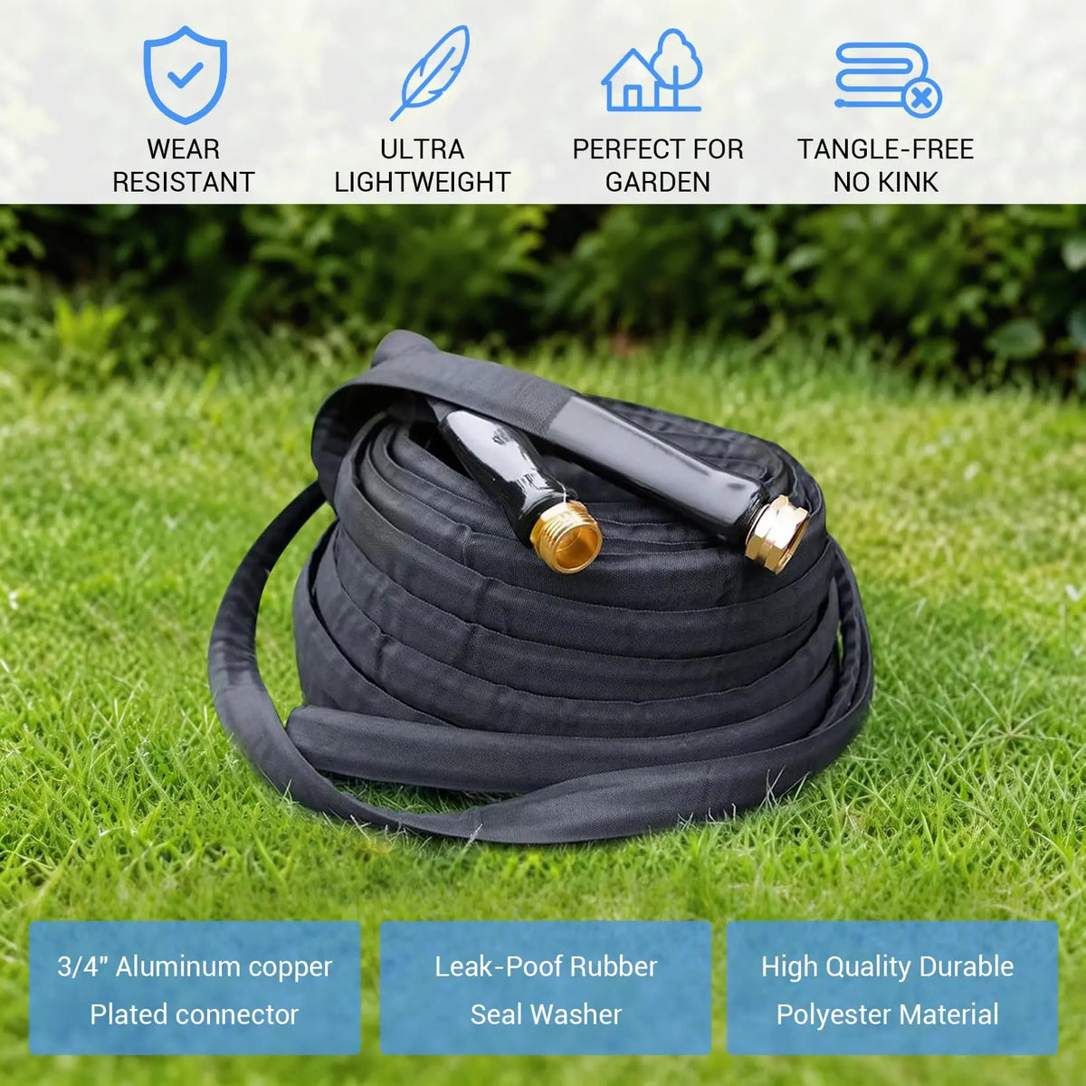 Non Expandable Fabric Covered Garden Hose With 3/4 Inch Copper Plated Aluminum Fittings Burst Proof PVC Inner Core For Garden Watering Car Washing And Outdoor Use
