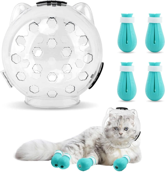 Cat Bubble Muzzle For Grooming, Bite Anti Licking Pet Grooming Helmet With 4 Silicone Anti-Scratch Paw Shoes