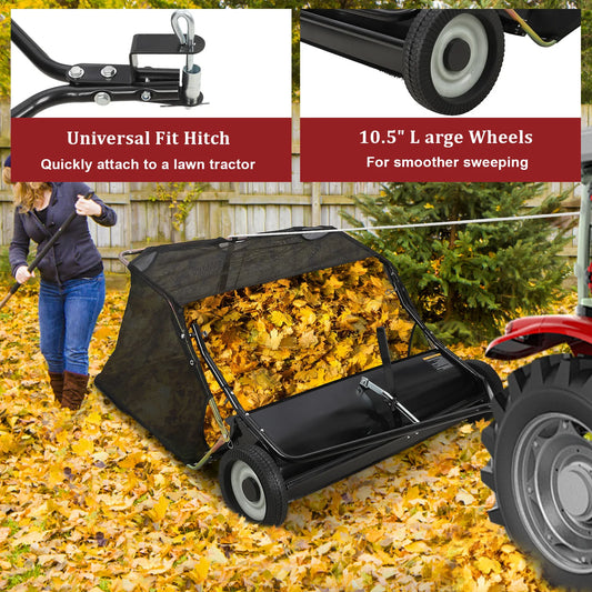 42 Inch 44 Inch Lawn Sweeper Tow Behind, 24 cu.ft. Large Pull Behind Grass Sweeper, Heavy Duty Leaf & Grass Collector with Dumping Rope Design, Adjustable Sweeping Height for Picking Up Debris & Grass