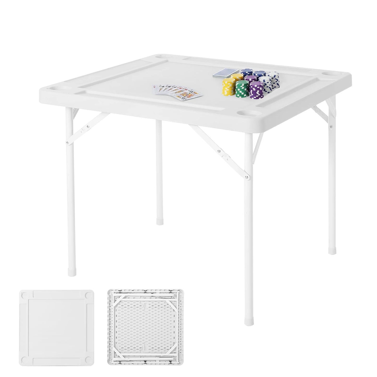 35" Folding Card Table, Portable 4-Player Domino & Mahjong Table with Cup Holders & Chip Trays, Heavy Duty Square Foldable Table for Poker, Camping and Picnic
