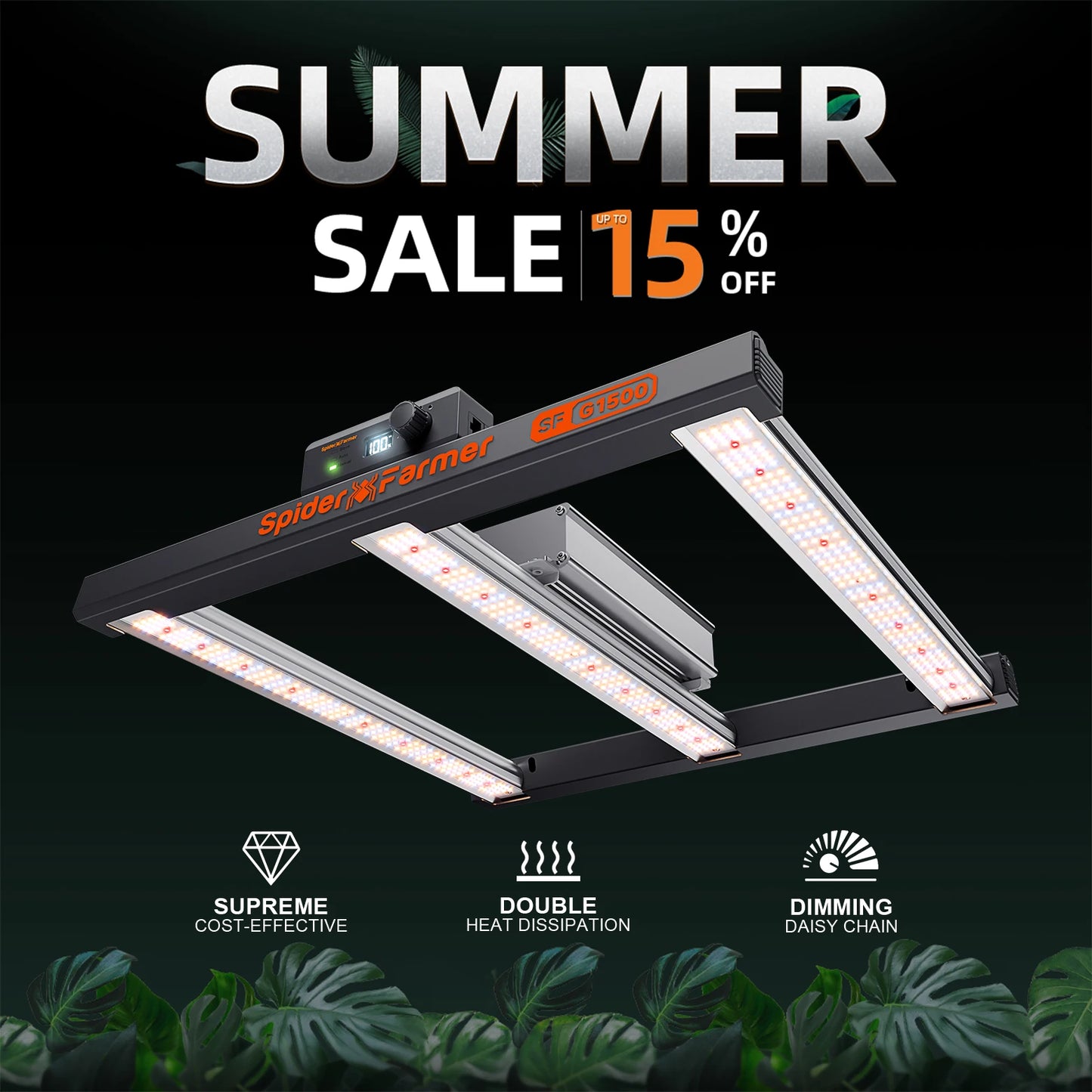2026 Spider Farmer G1500 LED Grow Light 150W Dimmable Cost Effective Full Spectrum High Yield for 1x1m Grow Tent