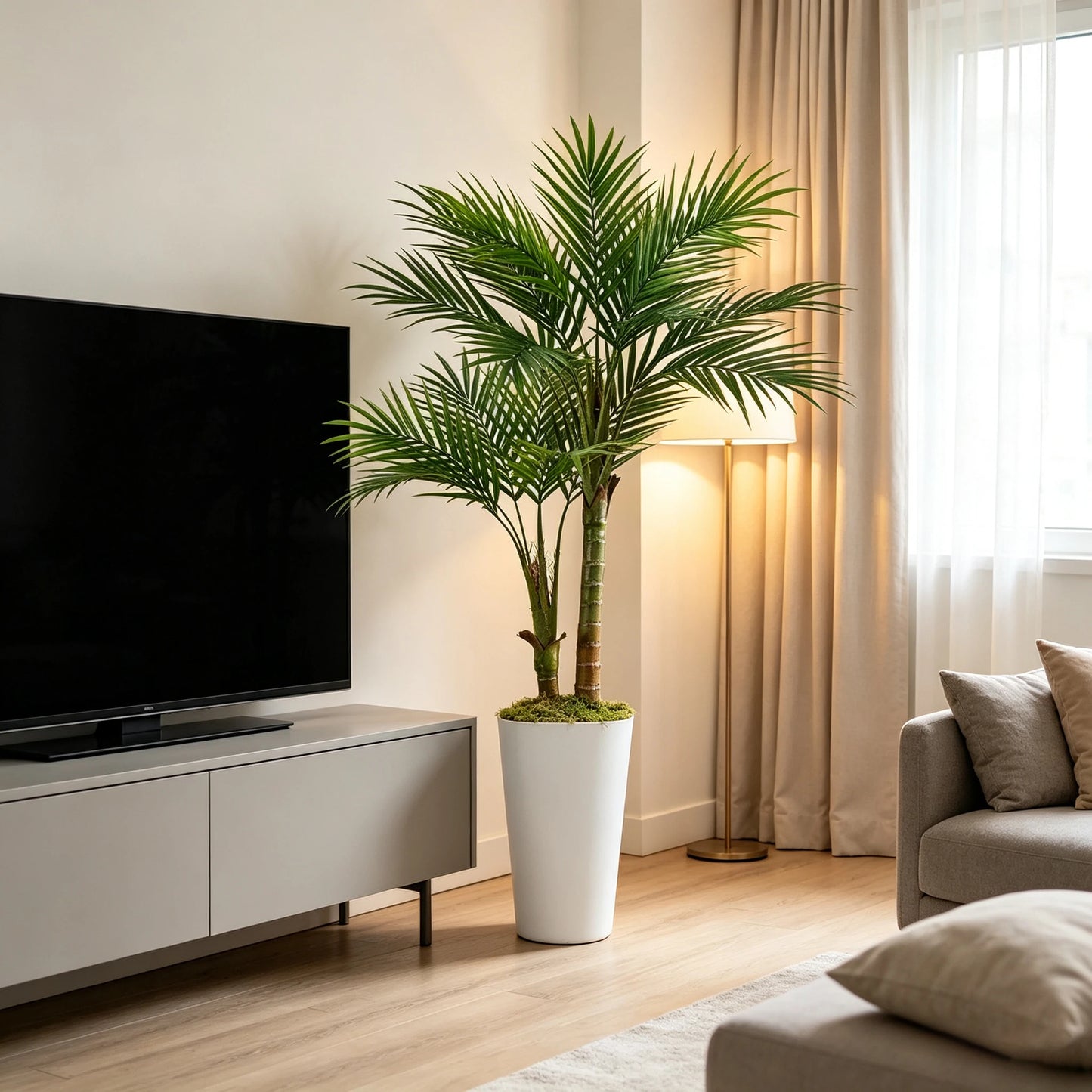 60inch Artificial Areca Palm Tree Fake Palm Tropical Plants with White Tall Planter, Faux Floor Silk Plant in Pot, Large Trees for Home Office Living Room Decor House Warming, Indoor Outdoor