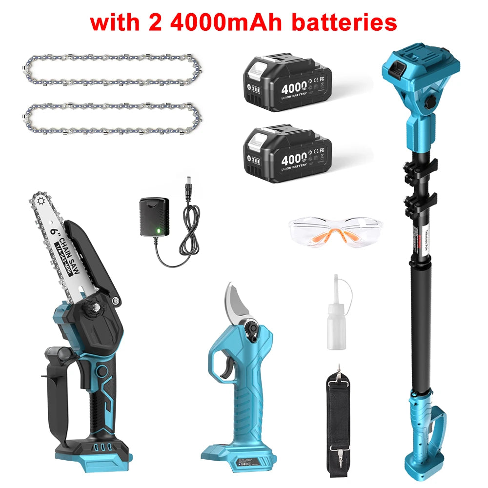 Taskstar 3-in-1 Brushless Pole Pruner & 6 Inch Cordless Chainsaw 30mm Electric Scissors Multi-Angle Adjustable Pole Saw for High Branches Pruning with 2 4.0Ah Batteries