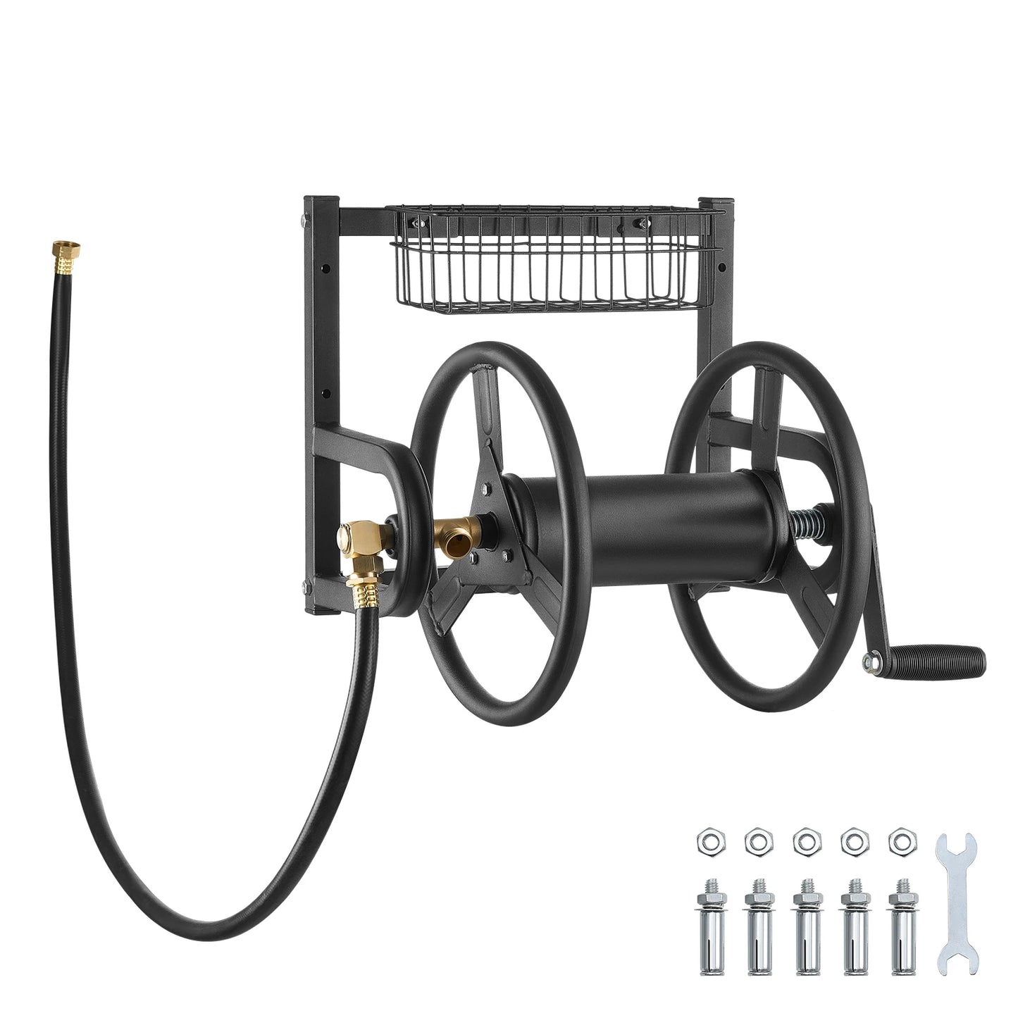 SucceBuy Wall Mounted Garden Hose Reel Holds 125ft 5/8-in Heavy-Duty Water Winder Outdoor Manual Reel w/Brass Fitting and Basket