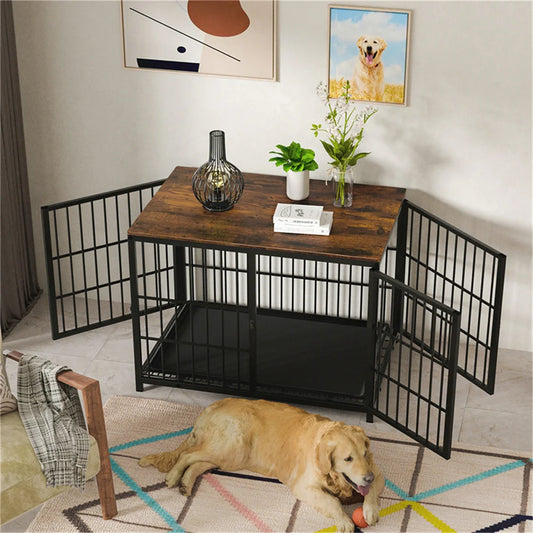 Borwart Elevated Wooden Dog Crate Kennel End Table With Tray