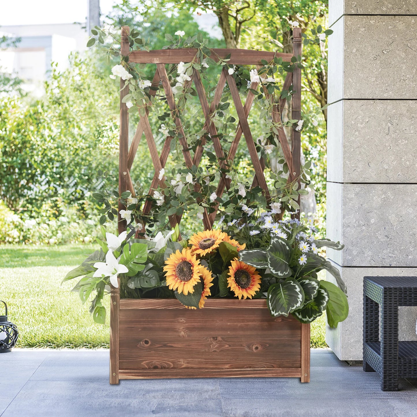 Elevated Wooden Garden Planter Box With Trellis For Outdoor Herbs
