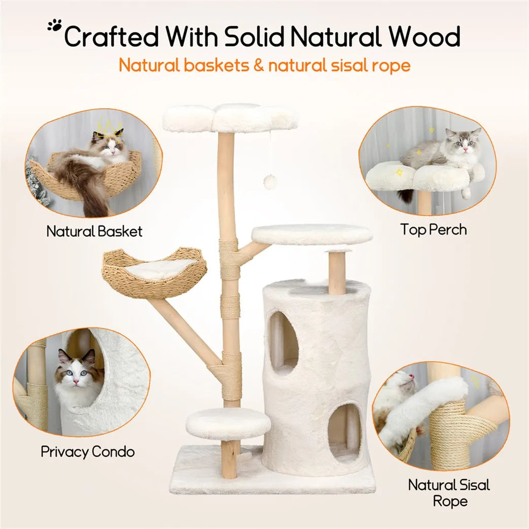 Large Cat Tree Tower Pet Cat Activity Center Scratching Post Cat Condo House Solid Wooden Cat Furniture
