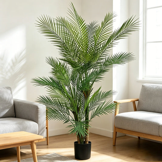 5/6FT Artificial Triple Trunk Palm Tree, UV Resistant Faux Palm with Realistic PE Fronds, Indoor Outdoor Tropical Fake Plant in Decorative Pot for Home, Patio, Porch, Office, Hotel Decor Spring Summer Fall Decor