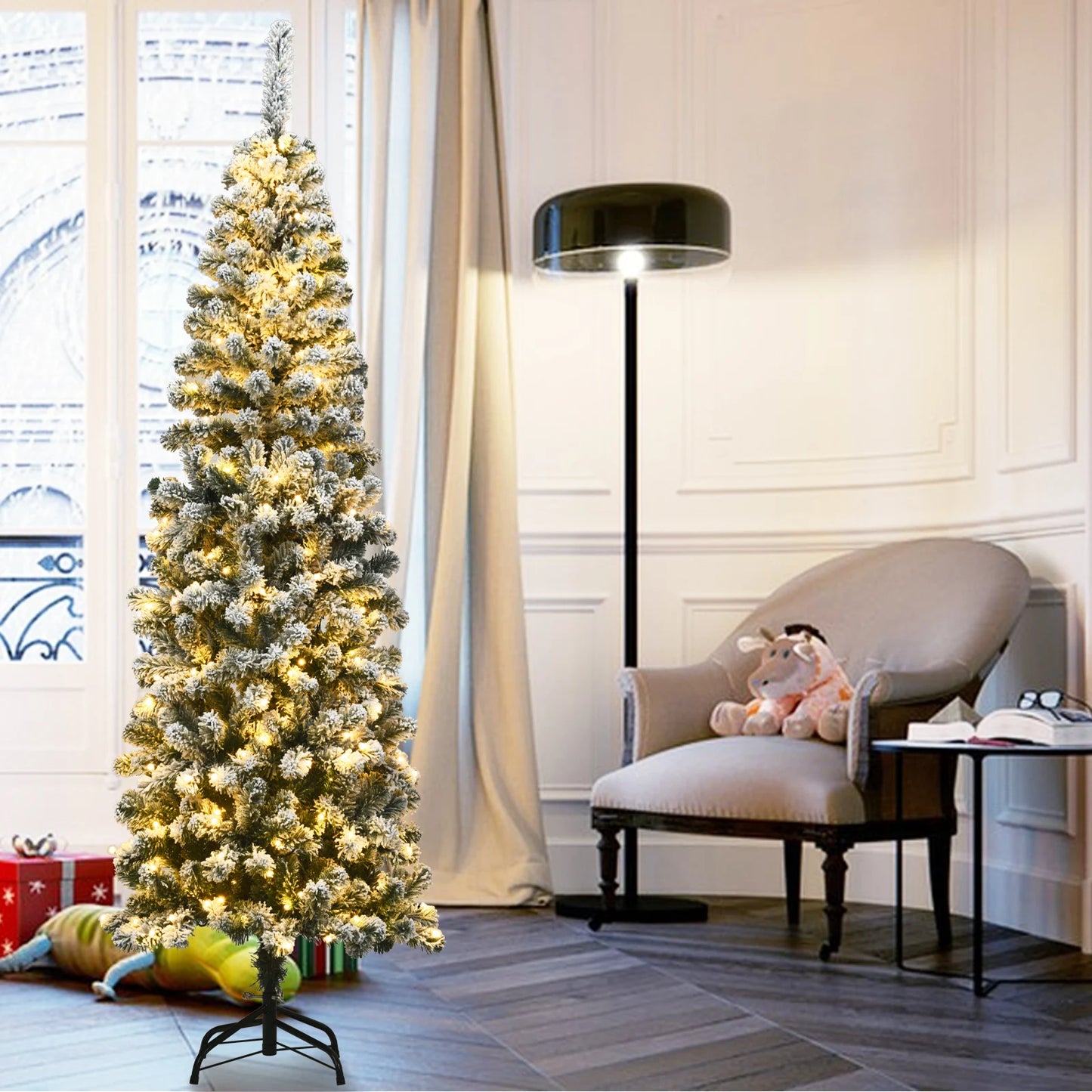 4. 5/ 6/ 7. 5 FT Snow Flocked Christmas Tree, Slim Hinged Pine Tree for Holiday Decoration, Home, Office, Party, Easy Assembly