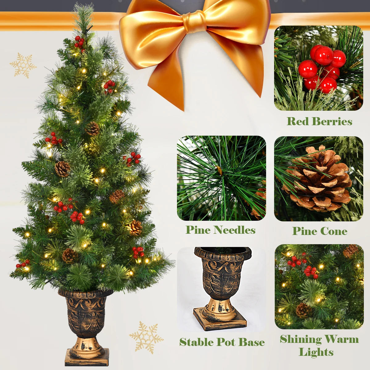 3/ 4/ 5Ft Pre-Lit PVC Artificial Christmas Entrance Tree w/ Clear Light &Gold Urn Base