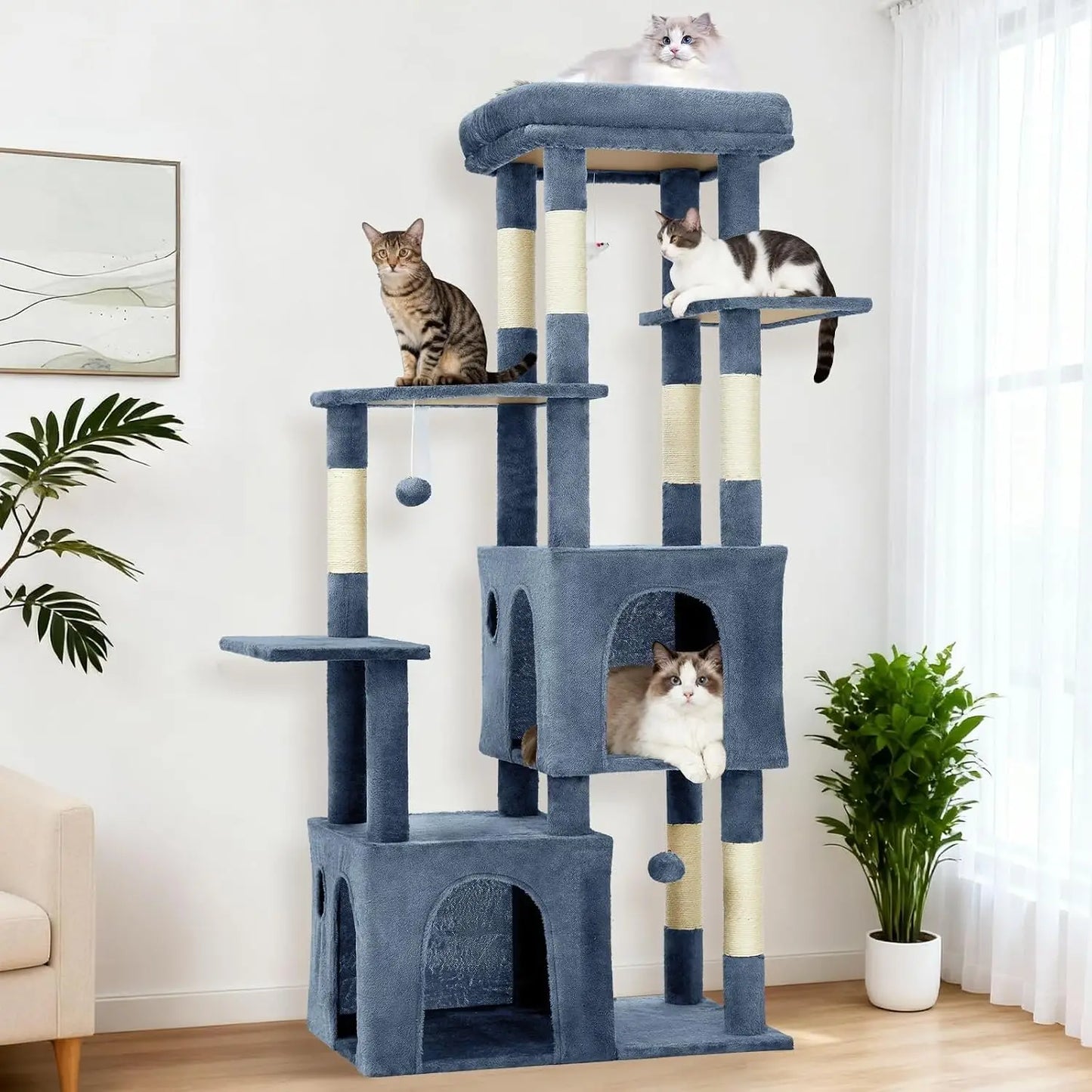 61 Inch Large Cat Tree Tower with 7 Scratching Posts 2 Cat Condos Top Perch Multi Level Cat Climbing Tree Furniture with Hanging Toys Anti Toppling Design for Indoor Cats Multi Cat Homes