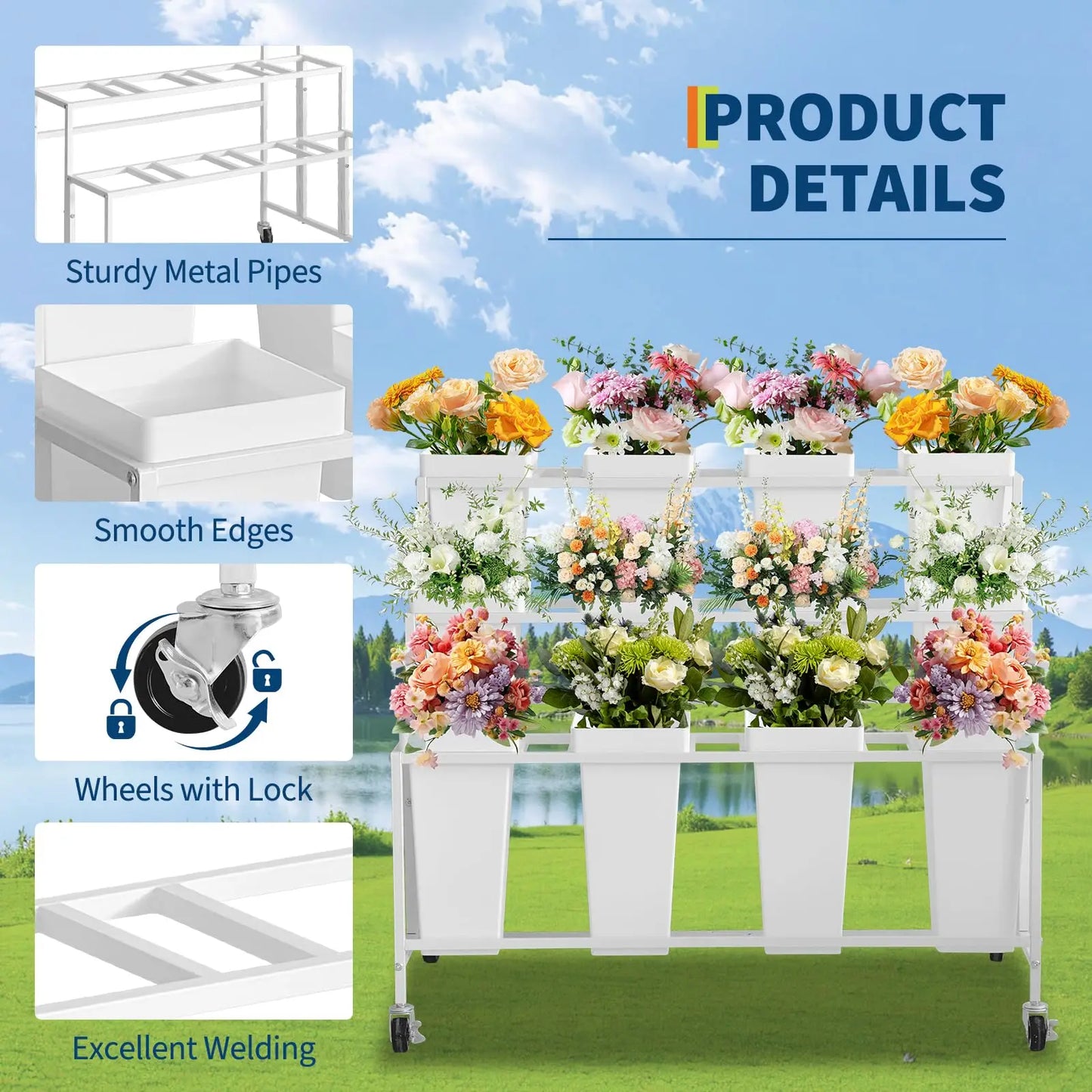 3 Tier Rolling Flower Display Stand With 12 Removable Buckets, Metal Plant Cart With Locking Wheels For Garden Wedding Flower Shop