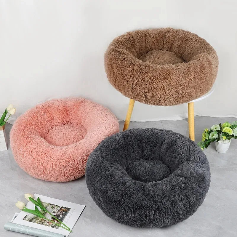 Soft Pet Cat Bed Pad Plush Warm Faux Fur Dog Calm Bed Donut Round Bed Comfortable Sleeping Washable for Small Medium Dog and Cat