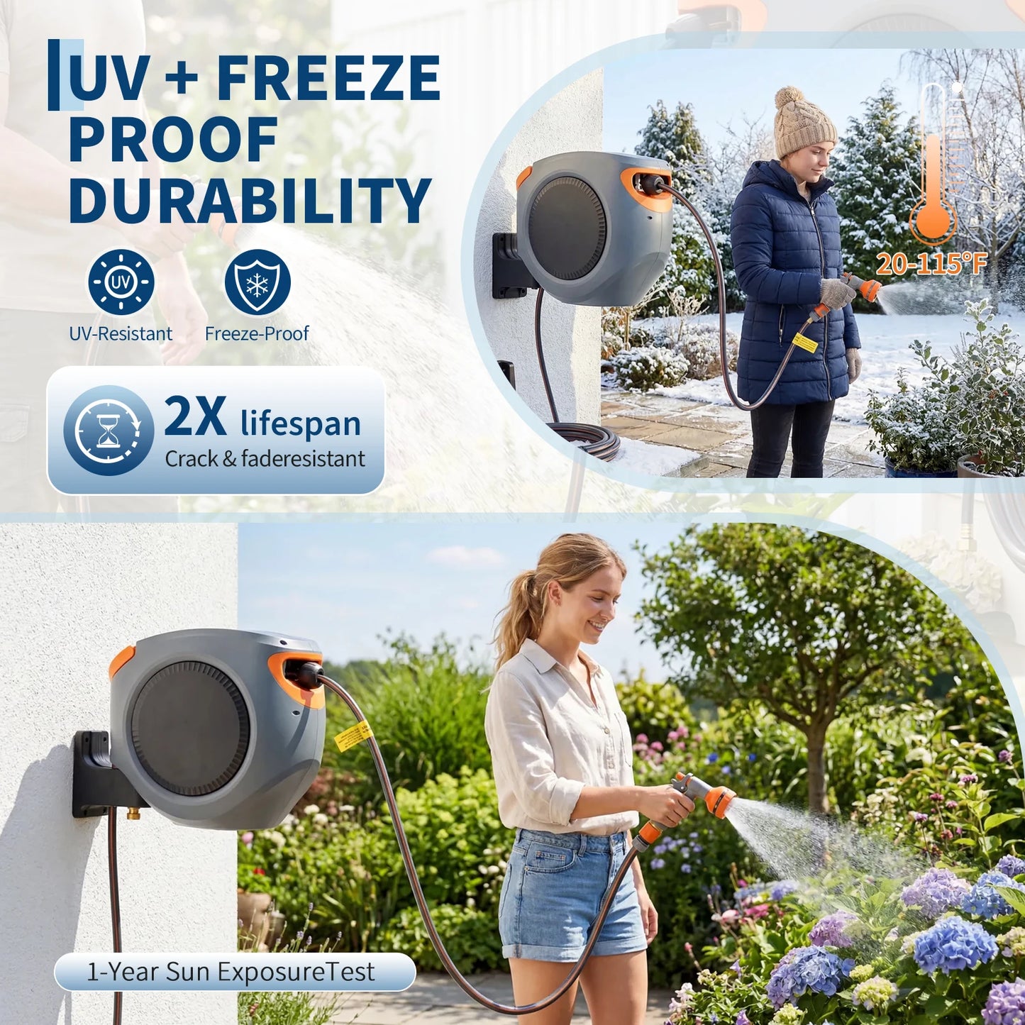 Retractable Garden Hose Reel, 1/2" In Mesh PVC Water Hose Reels with 10-Function Spray Nozzle, Automatic Slow Retraction System, Any Length Lock for Garden, Yard & Outdoor Watering