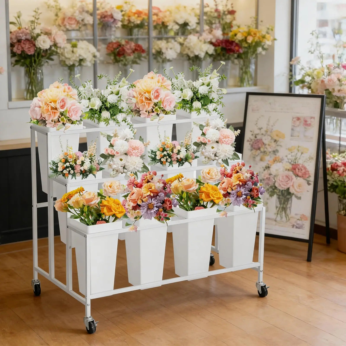 3 Tier Rolling Flower Display Stand With 12 Removable Buckets, Metal Plant Cart With Locking Wheels For Garden Wedding Flower Shop