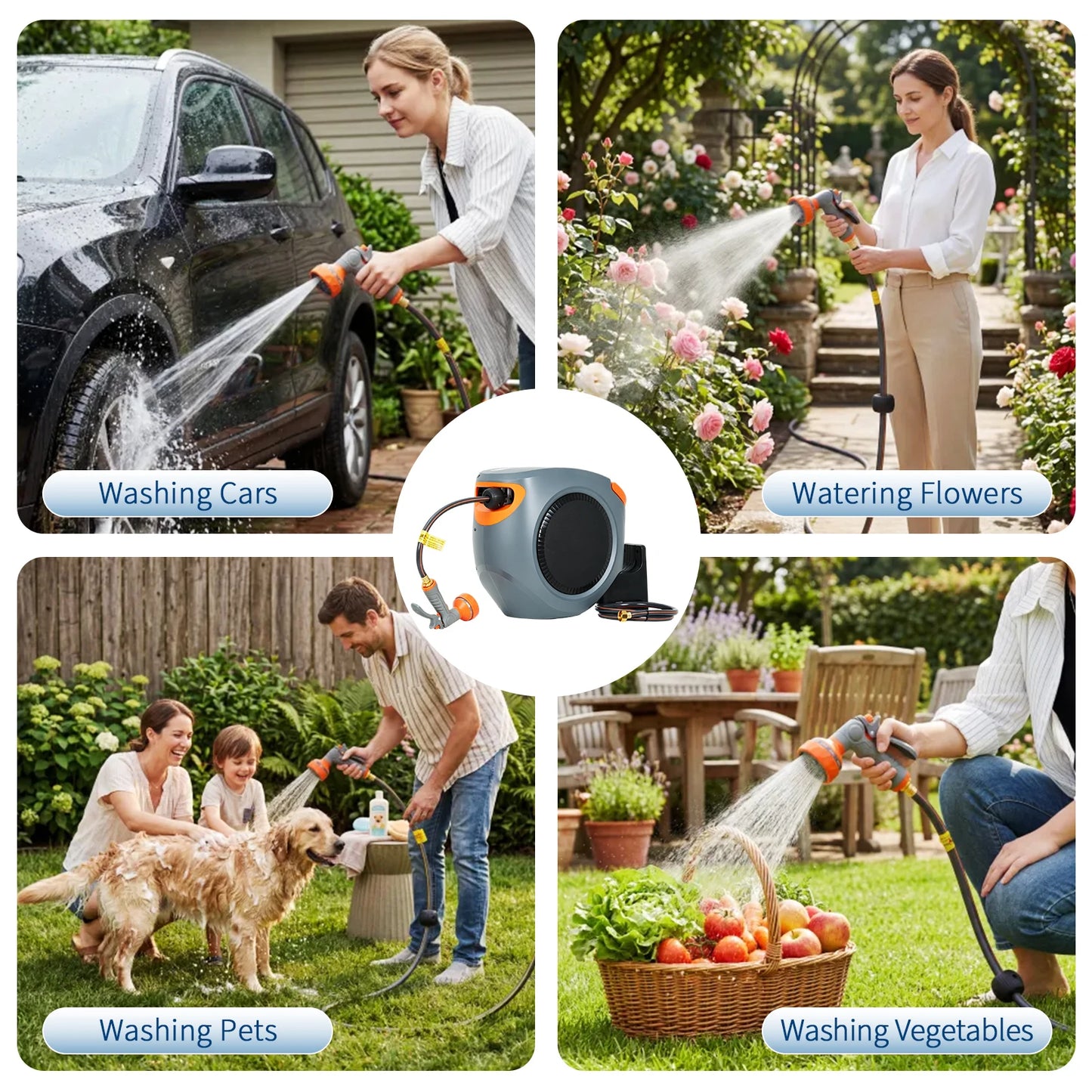 Retractable Garden Hose Reel, 1/2" In Mesh PVC Water Hose Reels with 10-Function Spray Nozzle, Automatic Slow Retraction System, Any Length Lock for Garden, Yard & Outdoor Watering