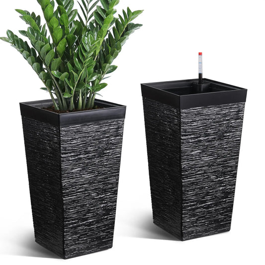 22.5'' Tall Planters Set Of 2, Self Watering Outdoor Indoor Front Porch Planter Pots With Drainage Holes & Water Monitor System