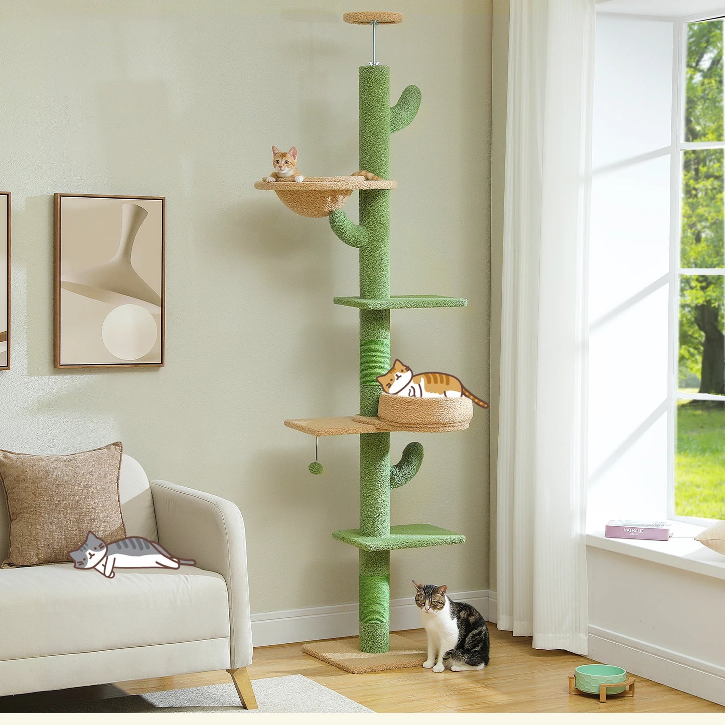 Cactus Cat Tree Floor to Ceiling Cat Tower with Sisal Scratching Post,Comfortable Hammock for Multi-Cat Homes,Cat Accessories