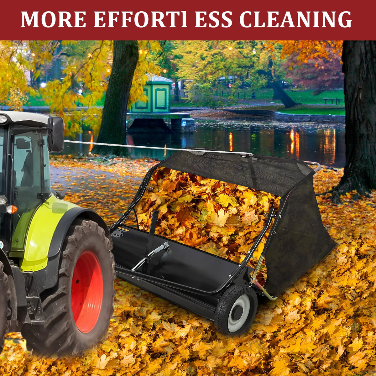 42 Inch 44 Inch Lawn Sweeper Tow Behind, 24 cu.ft. Large Pull Behind Grass Sweeper, Heavy Duty Leaf & Grass Collector with Dumping Rope Design, Adjustable Sweeping Height for Picking Up Debris & Grass
