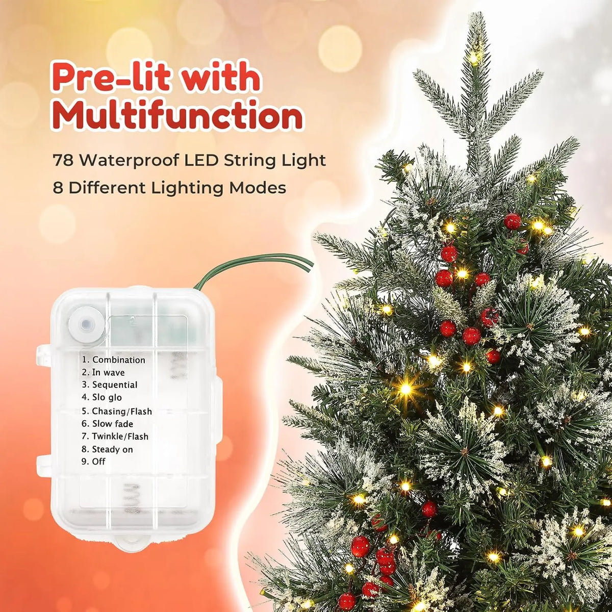 3FT Christmas Tree With 78 Lights Pre-Lit Artificial Desktop Xmas Tree With 8 Mode Includes Red Berries & Sleigh Base