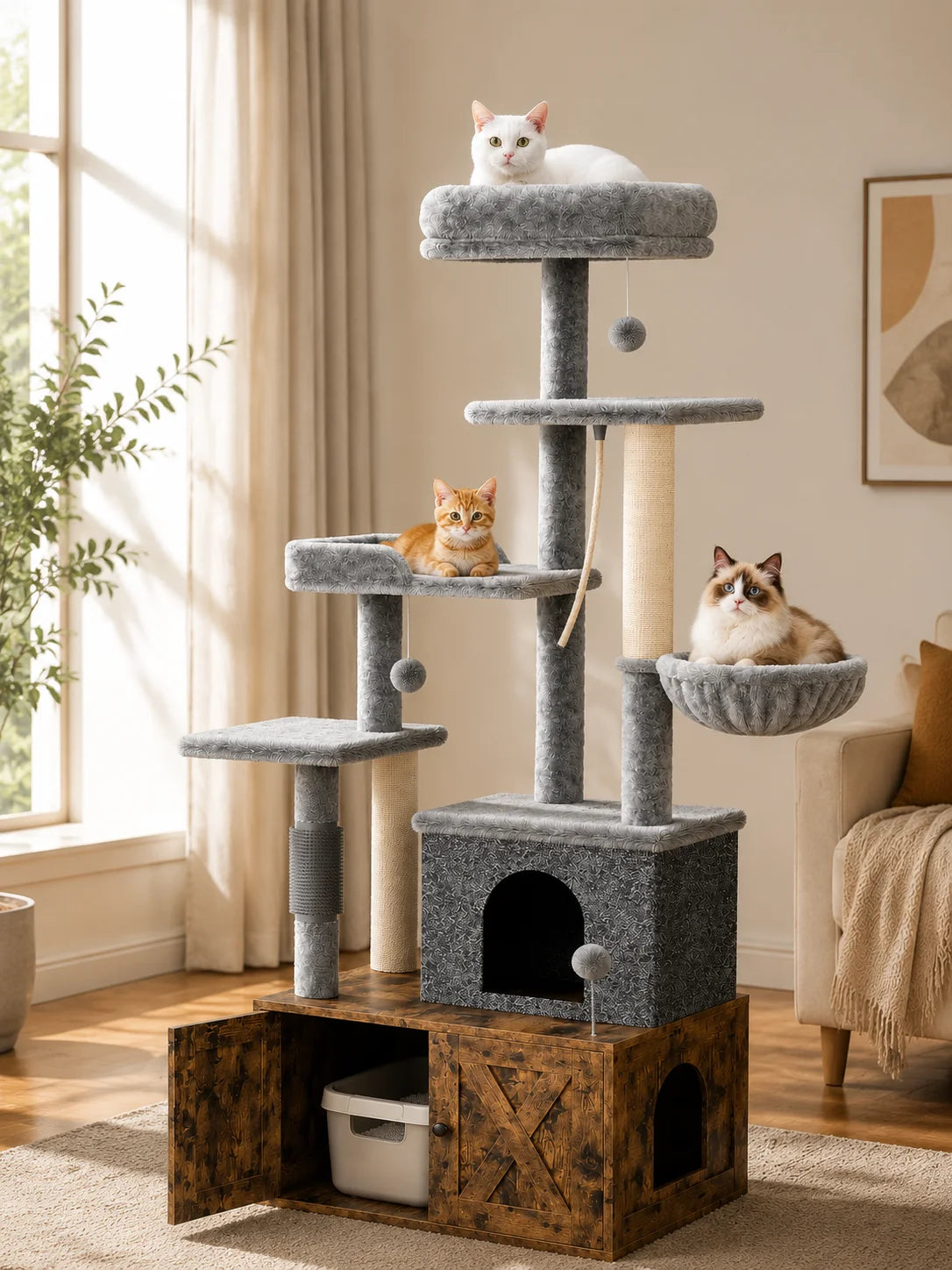3-in-1 Modern Cat Tree with Hidden Litter Box Enclosure, Cat Condo Furniture with Scratching Post, Hammock & Platforms, Odor Control Tower for Small Spaces, Rustic Brown
