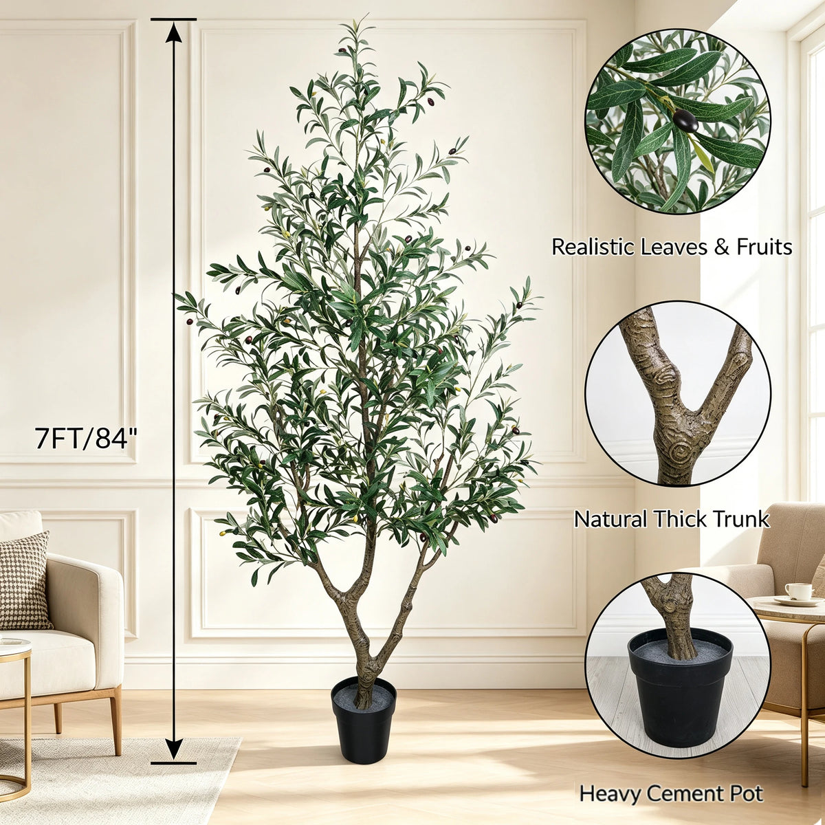 1.5/1.8/2.1m Artificial Olive Tree PE Real Touch Faux Olive Tree with Black Pot Outdoor Indoor Artificial Plants with Natural Wood Trunk and Lifelike Fruits for Home Office Decor